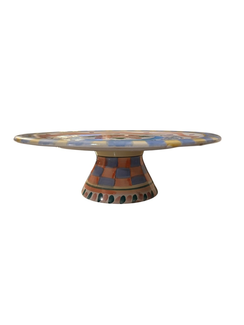 Hand Painted Ceramic Pedestal Cake Stand Floral Striped 12” Serving Plate